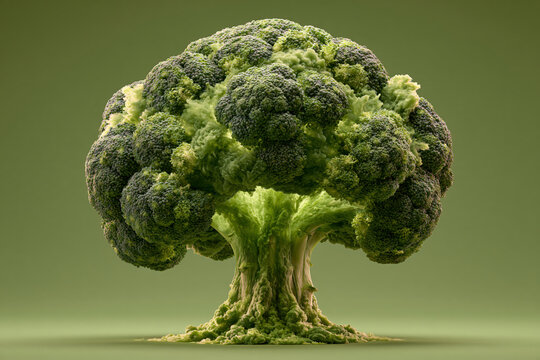 food art, broccoli mushroom cloud shaped like small tree with thick branching trunk on olive background, photorealistic