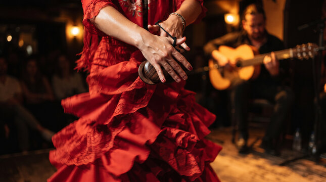 Passionate female flamenco dancer in vibrant red ruffled dress playing wooden castanets with acoustic Spanish guitarist on background.