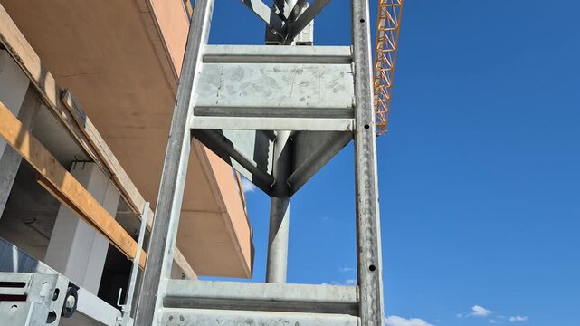 Industrial personnel hoist moving up on a lattice mast of a residential building under construction while a tower crane jib turns toward the property.
