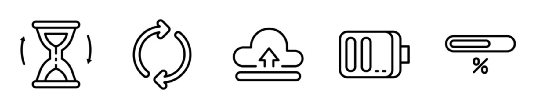 Set de 5 iconos de cargando. Espera con reloj, carga circular, subida a la nube, bater&iacute;a cargando y barra de progreso. Vector outline