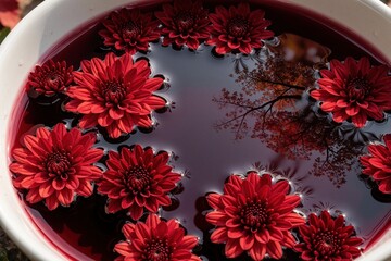 Naklejka premium Red chrysanthemums float in deep ruby liquid inside white bowl. Beautiful flower heads drift on dark wine surface. Autumn wine festival concept with seasonal blooms, alcohol drink. Elegant floral