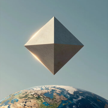 Futurism and global technology, abstract geometric octahedron floating above planet Earth in space innovation and cosmic exploration