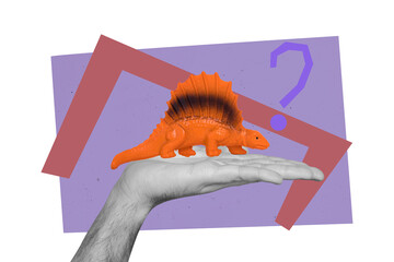 Trend artwork banner sketch 3D photo collage of anonymous hand hold toy dinosaur wildlife jurassic ancient tyrannosaurus question think © deagreez