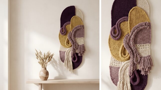 A stunning colorful woven wall hanging adds texture and artistic flair to this interior