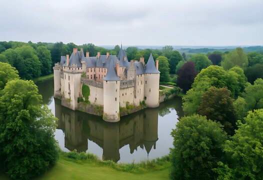Heritage tourism and historical travel, medieval castle with stone towers and moat surrounded by lush green forest in the countryside of rural France