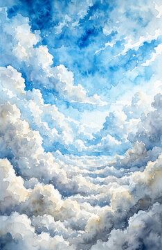 Watercolor painting style of blue sky and sea of clouds background