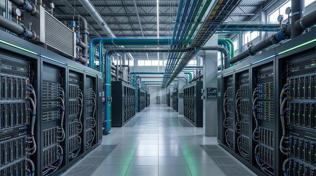 Modern data center server room with rows of high performance computing equipment and industrial piping.