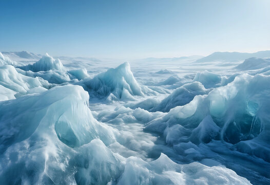 Climate change and global warming, melting arctic ice caps and glaciers in a polar landscape with frozen terrain and environmental crisis consequences