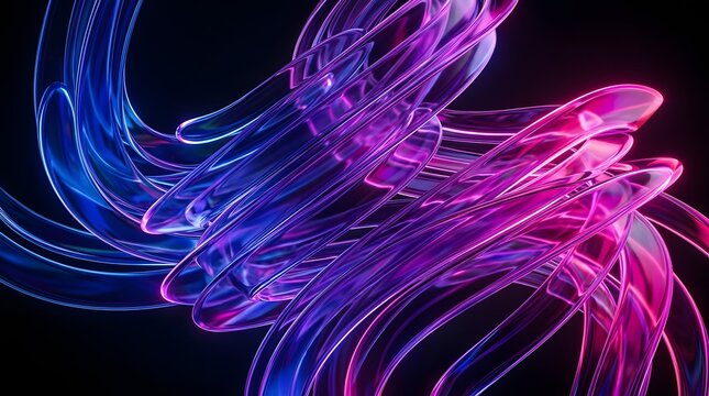 Abstract background with glowing blue and purple transparent glass ribbons swirling in a dynamic 3d composition