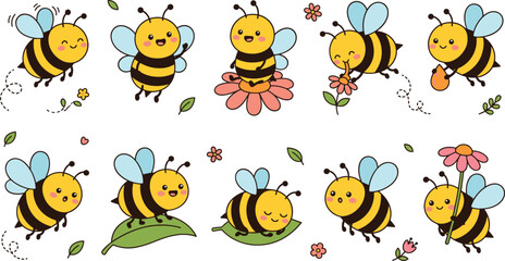 Obraz premium Cute cartoon bees with various expressions and poses vector illustration set for kids