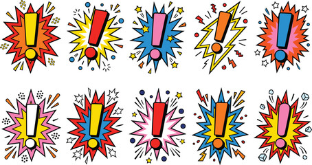 Set of colorful comic book style exclamation marks for attention and alert signs © MstRina