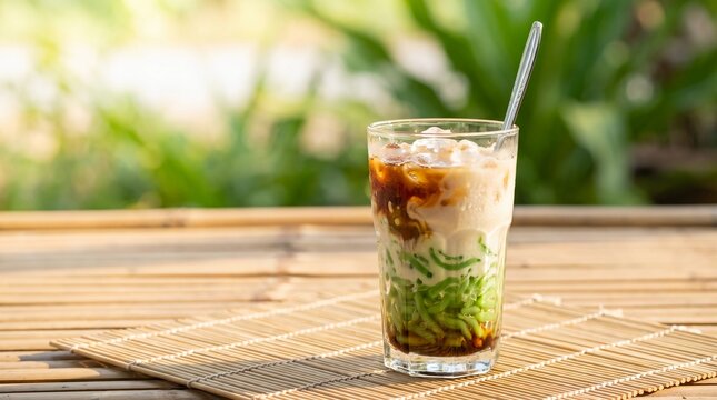Tropical iced dessert drink with green jelly and coconut milk