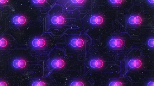 Digital circuit pattern with glowing pink and blue neon lights