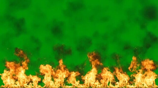 fire wall explosion with smoke and burning flames on green screen background