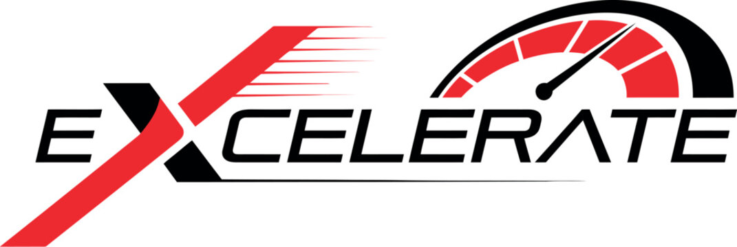 Excelerate modern logo design with red and black speed elements for automotive or racing brand.