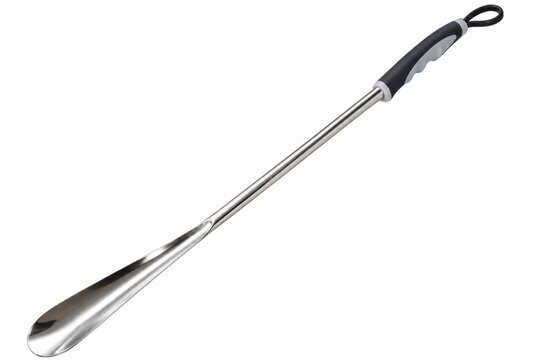 Long Metal Shoe Horn With Black Handle On White Background