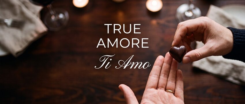Heart chocolate gift romantic couple sharing sweet love moment during candlelit dinner date night, closeup hands holding heart shaped candy, valentines day celebration atmosphere, true amore ti amo.