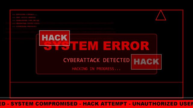 Digital screen interface showing a red system error alert, cybersecurity threat warning, data breach notification, hacking attempt, server shutdown warning