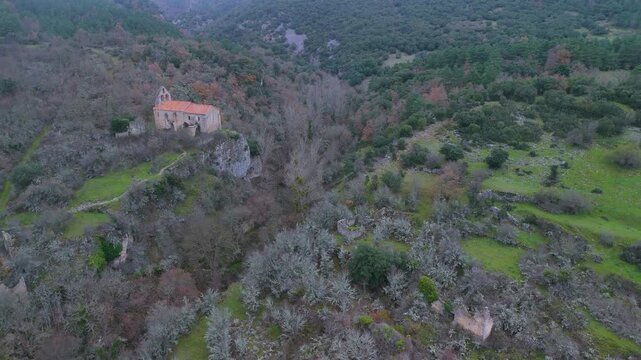 Aerial view from drone of the church of San Esteban in the abandoned village of Ribera in the Valderejo Natural Park. Municipality of Valdegov&iacute;a. Province of &Aacute;lava. Basque Country. Spain. Europe