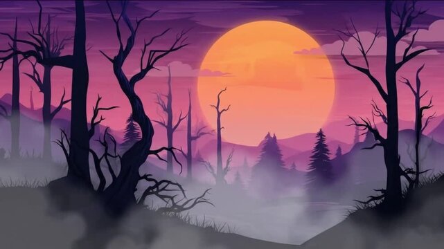 Helloween dan motion graphics of spooky forest under orange moon
