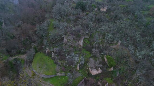 Aerial view from drone of the church of San Esteban in the abandoned village of Ribera in the Valderejo Natural Park. Municipality of Valdegov&iacute;a. Province of &Aacute;lava. Basque Country. Spain. Europe