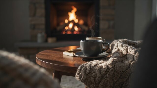 Cozy steaming coffee cup on a wooden table beside a warm fireplace. Relaxing lifestyle scene for comfort and winter.
