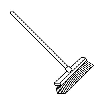 Black and white outline vector illustration of a push broom tool for cleaning floors