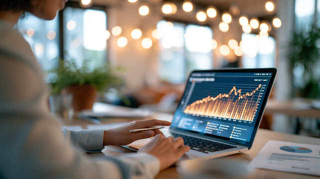 Over the shoulder view of a european businessperson analyzing statistical data on a laptop with demographic charts in a bright office face out of frame demographic analysis market