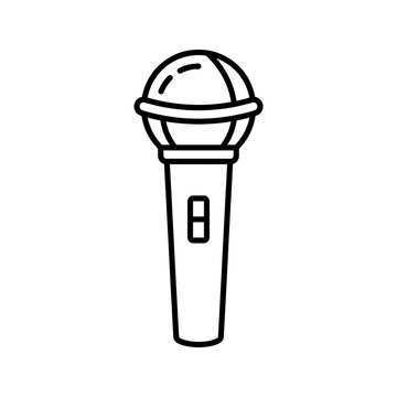Minimalist black and white outline vector icon of a handheld vocal microphone