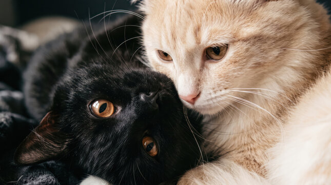 Black cat and cream tabby cat cuddling together.