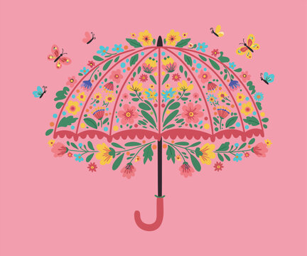 Floral umbrella illustration, colorful folk art flowers and butterflies on pink umbrella, spring rain concept, decorative botanical vector