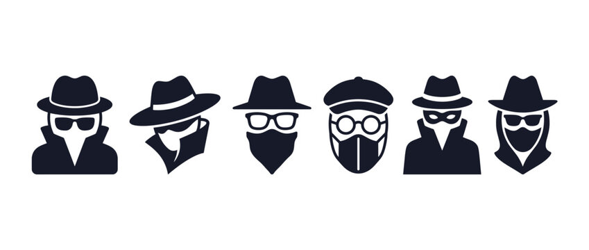 Mysterious spy icons with different accessories. Secret agent silhouettes in black and white. Fedora, sunglasses, bandana, beret, scarf. Vector illustration.
