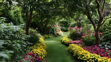 Obraz premium A winding grass path meanders through a lush garden filled with vibrant yellow and pink flowering plants under leafy trees