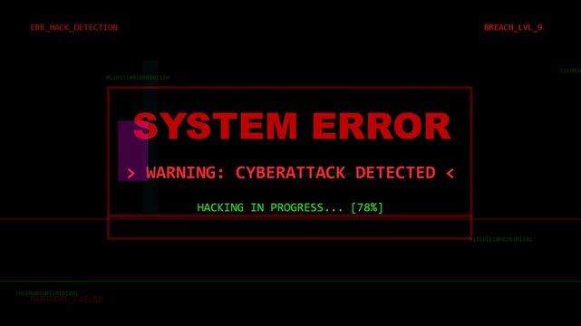System error warning showing cyberattack detected message in red text on black screen, hacking alert, data breach, software glitch, security threat