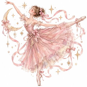 Whimsical watercolor illustration of a graceful ballerina dancing in a pink tulle dress surrounded by a crescent moon, ribbons, and glowing stars against a white background.