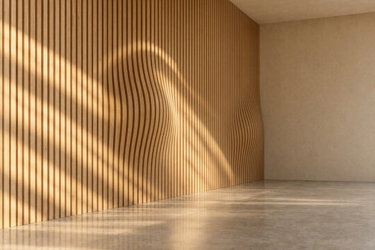 Modern interior with curved oak wood slat wall, warm sunlight shadows and copy space