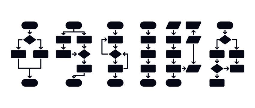 Flowchart decision symbols and shapes. Diagram icons for process mapping. Diamond, oval, rectangle, parallelogram, arrows. Vector illustration.