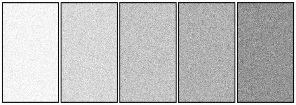 Monochrome noise texture swatches, grainy grayscale gradient collection, set of five textured frames for background design