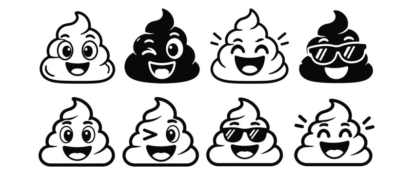 Collection of various cartoon smiling poop emoji character icons in black silhouette with cartoon icon funny character emoji set poop face social media icon graphic element