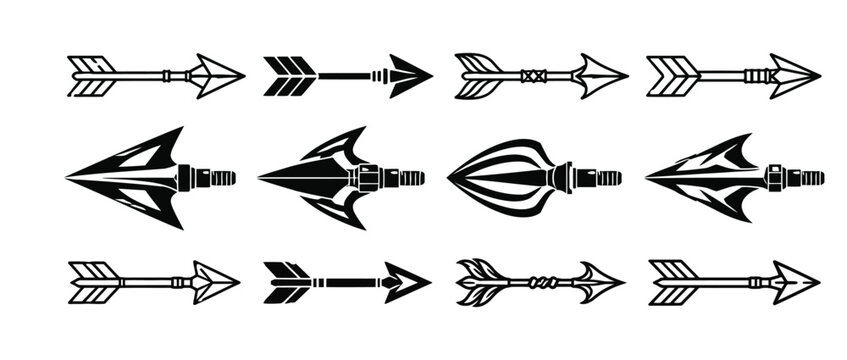 Set of twelve hunting arrowheads and arrows in black and white silhouette with hunting arrowhead arrow head archery arrow bow hunting arrow design outdoor sports hunting equi