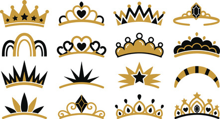 Collection of ornate golden and black crowns and tiaras isolated on white background © MD Din Islam