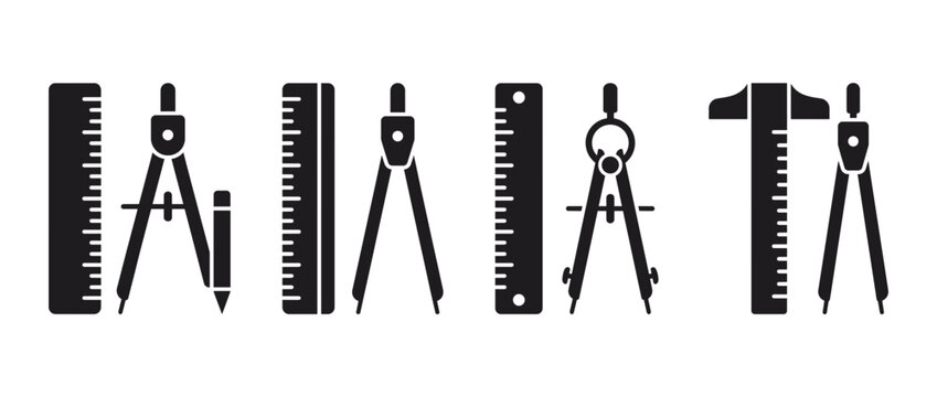 Drafting tools set isolated on transparent background. Precision instruments for technical drawing. Compass, protractor, ruler, divider, T-square, set square. Vector illustration.