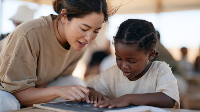 Inuit volunteer teacher kneels beside a young Tanzanian girl practicing arithmetic on a slate board inside a tented outdoor classroom, international cross-cultural volunteer