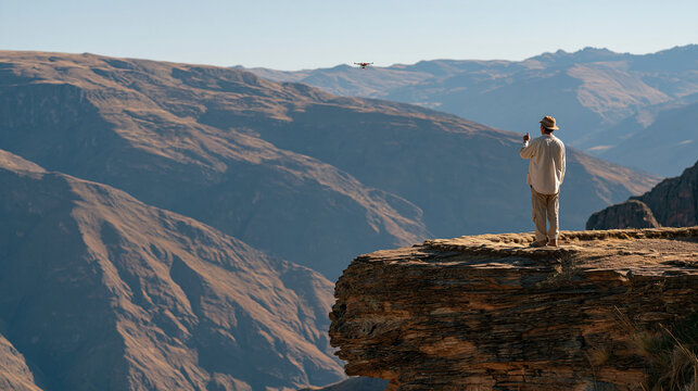 Peruvian archaeologist standing at the edge of ancient terraced ruins directing a photogrammetry drone overhead, cultural heritage documentation, remote survey, historical site