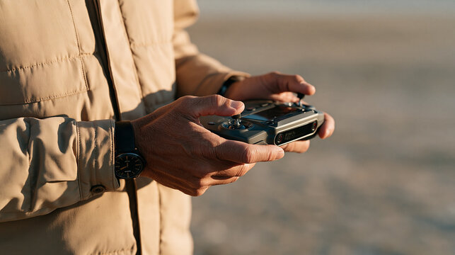 Close up of weathered hands gripping a professional drone controller, thumbsticks adjusted mid-flight, signal meters visible, concentration, experienced UAV operator, remote
