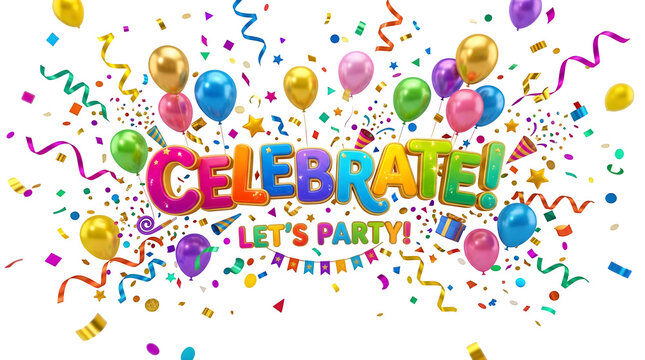 Colorful balloons and confetti with celebrate and lets party text overlay