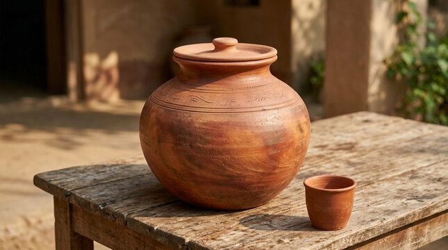 Traditional Indian Clay Water Pot on Rustic Wooden Table