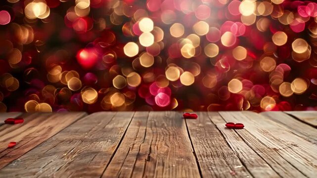 Empty rustic wooden table in front of red and golden bokeh lights, festive product backdrop, holiday display, celebration background.