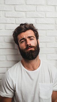 A rugged man with a full beard poses confidently against a white brick wall, wearing a casual white t-shirt, capturing a sense of modern masculinity and relaxed style.
