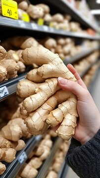 A hand holds a bunch of fresh ginger roots in a grocery store aisle, highlighting organic produce and natural ingredients for a healthy lifestyle and cooking inspiration.